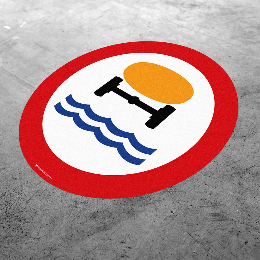 Naklejka Podłogowa BHP: "Zakaz wjazdu pojazdów, które mogą skazić wodę" (B-14)