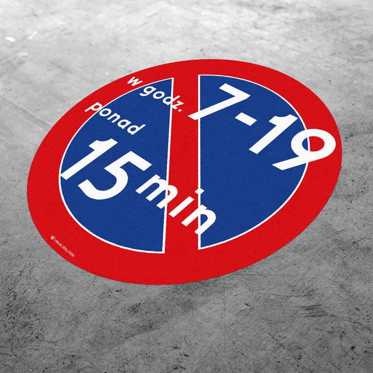 Naklejka Podłogowa BHP: "Zakaz postoju powyżej 15 minut w godzinach 7 - 19" (B-35)