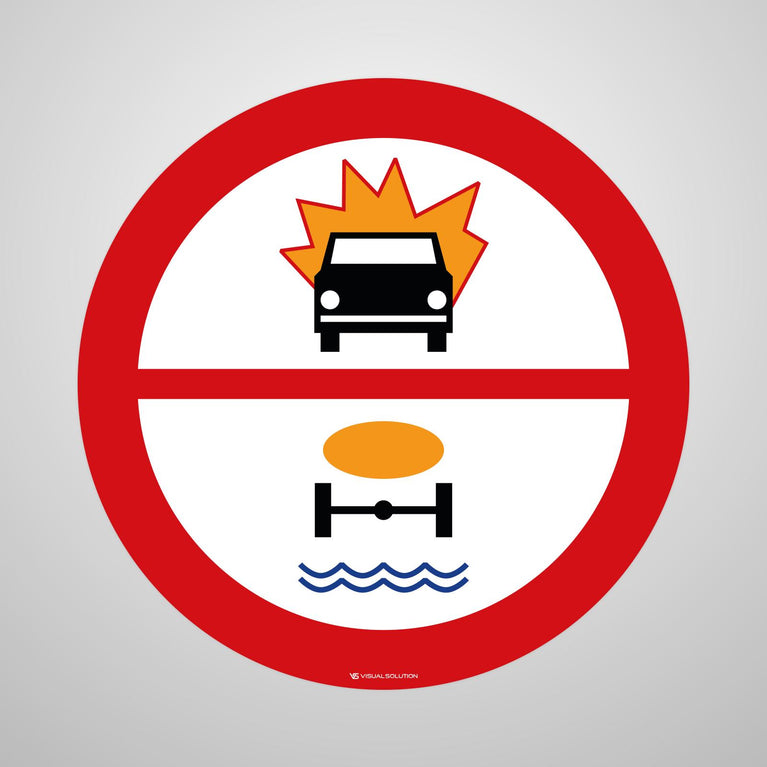 Naklejka Podłogowa BHP: "Zakaz wjazdu pojazdów z towarami wybuchowymi lub łatwo zapalnymi oraz towarami mogącymi skazić wodę" B-45d