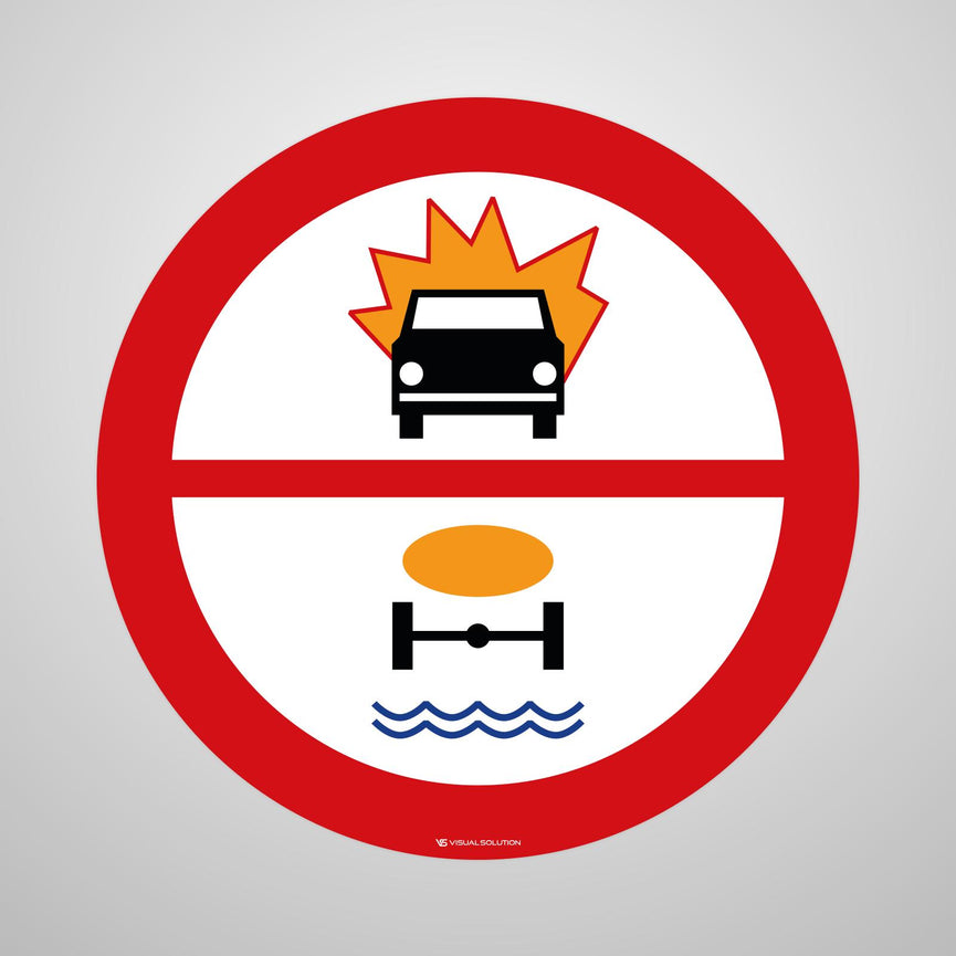 Naklejka Podłogowa BHP: "Zakaz wjazdu pojazdów z towarami wybuchowymi lub łatwo zapalnymi oraz towarami mogącymi skazić wodę" B-45d