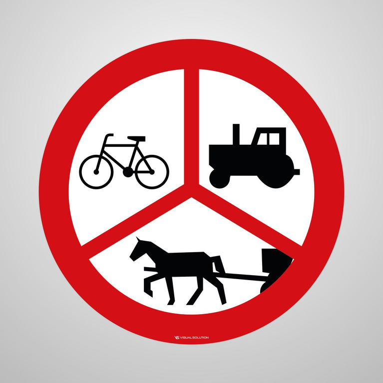 Naklejka Podłogowa BHP: "Zakaz ruchu dla rowerzystów, ciągników rolniczych i pojazdów zaprzężonych w konie" B-45f