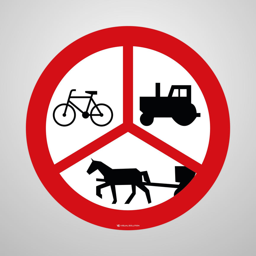 Naklejka Podłogowa BHP: "Zakaz ruchu dla rowerzystów, ciągników rolniczych i pojazdów zaprzężonych w konie" B-45f