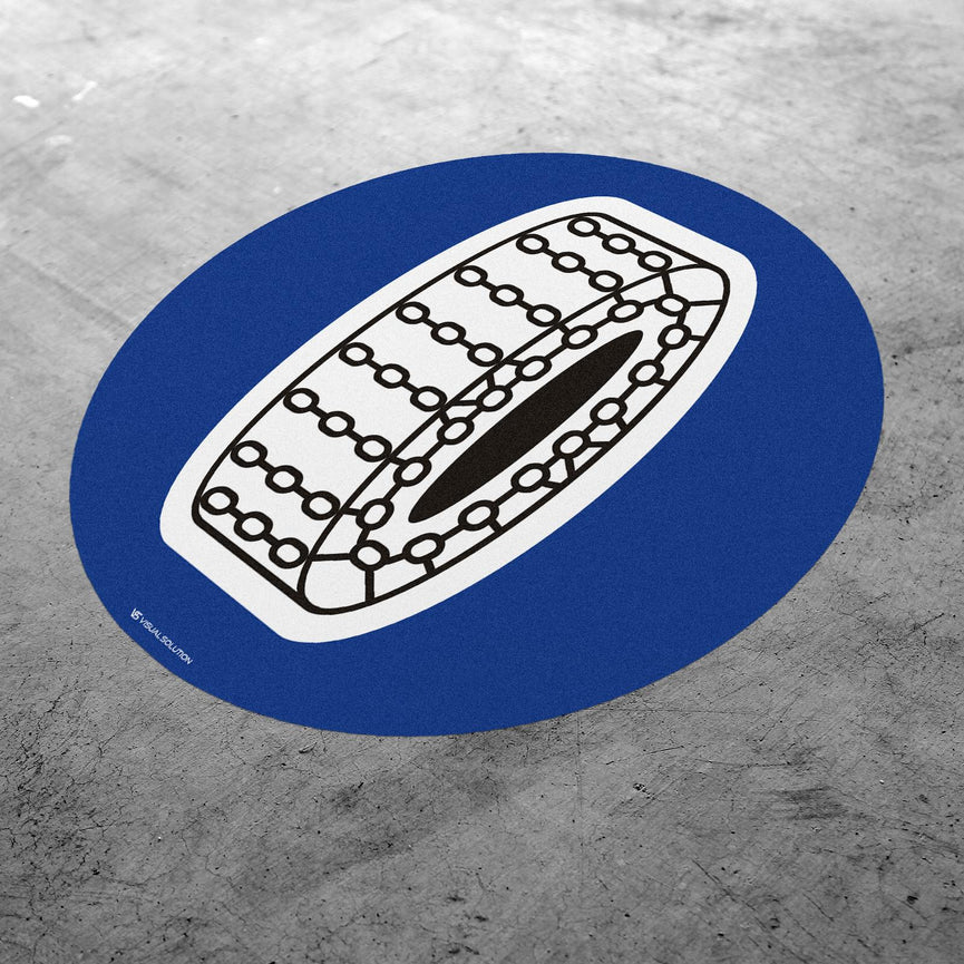 Naklejka Podłogowa BHP: "Nakaz używania łańcuchów przeciwpoślizgowych" C-18