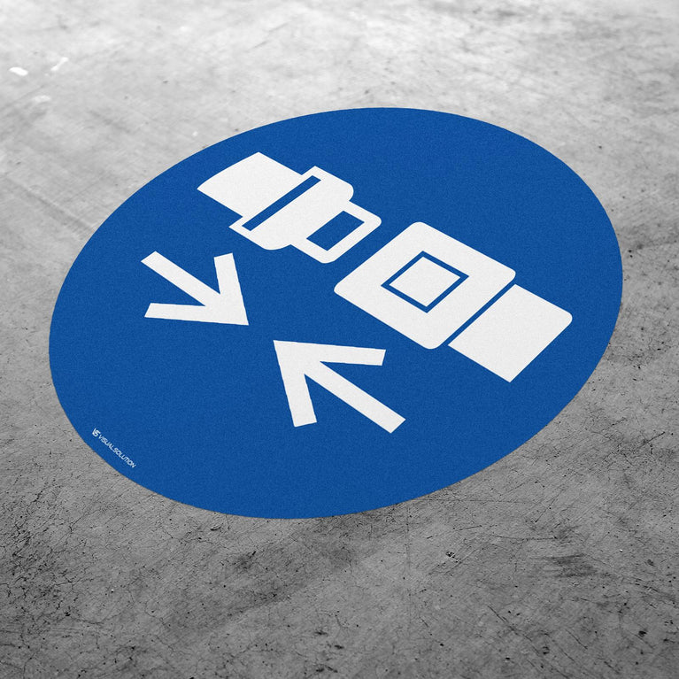 Naklejka podłogowa BHP: Nakaz stosowania pasów bezwładnościowych