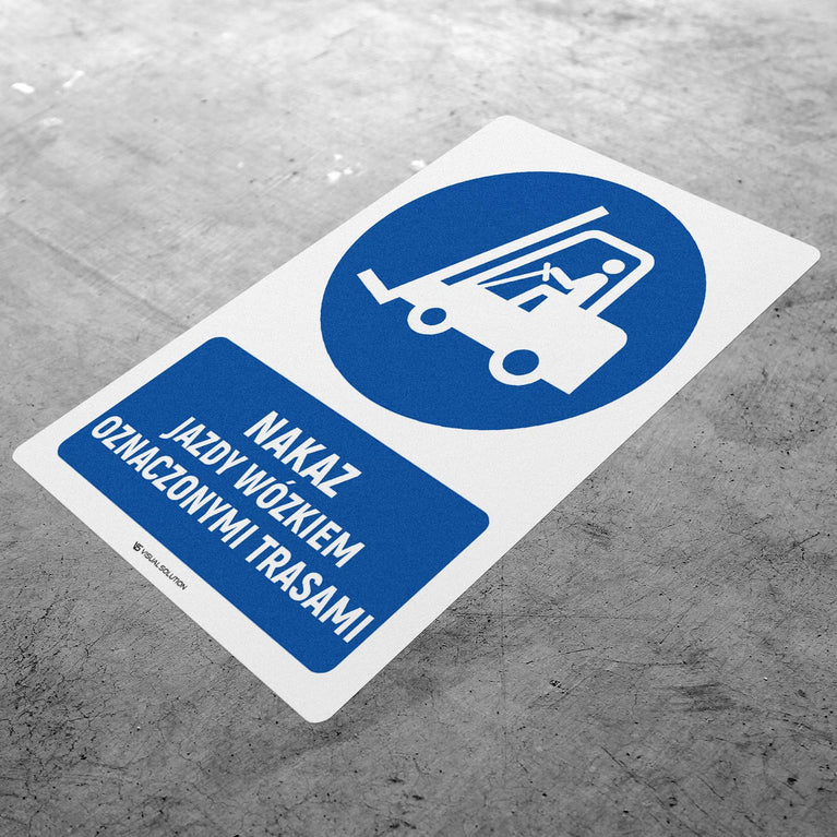 Naklejka podłogowa BHP: Nakaz jazdy wózkiem widłowym z opisem