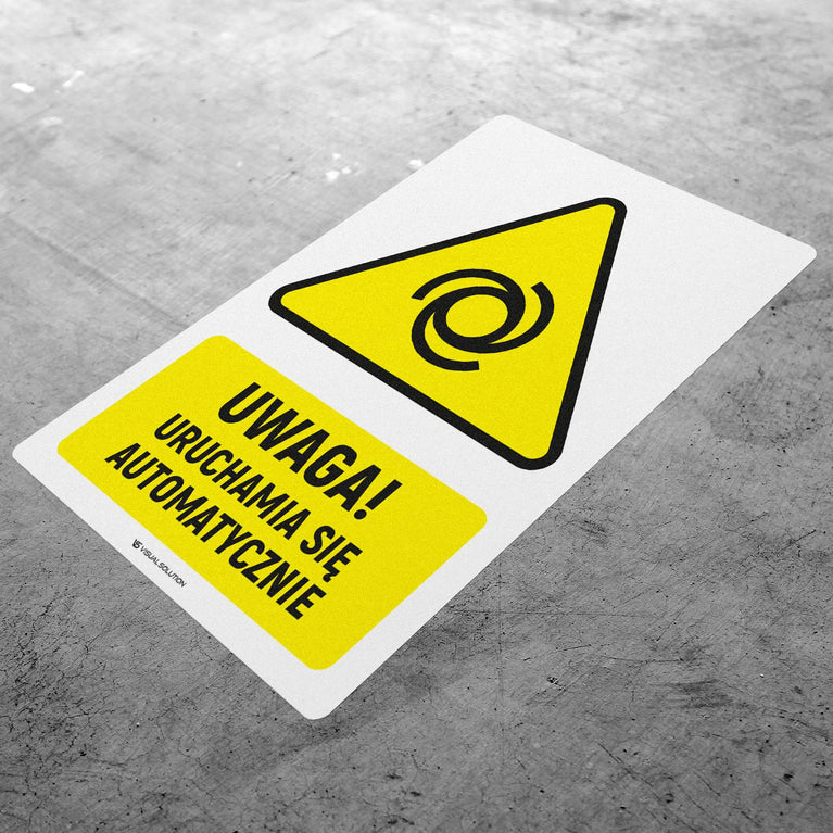 Naklejka Podłogowa BHP: ostrzegająca przed automatycznym uruchomieniem się Z Opisem | GDW018.