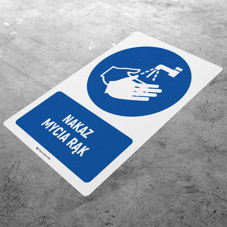 Naklejka podłogowa BHP: Nakaz mycia rąk z opisem.