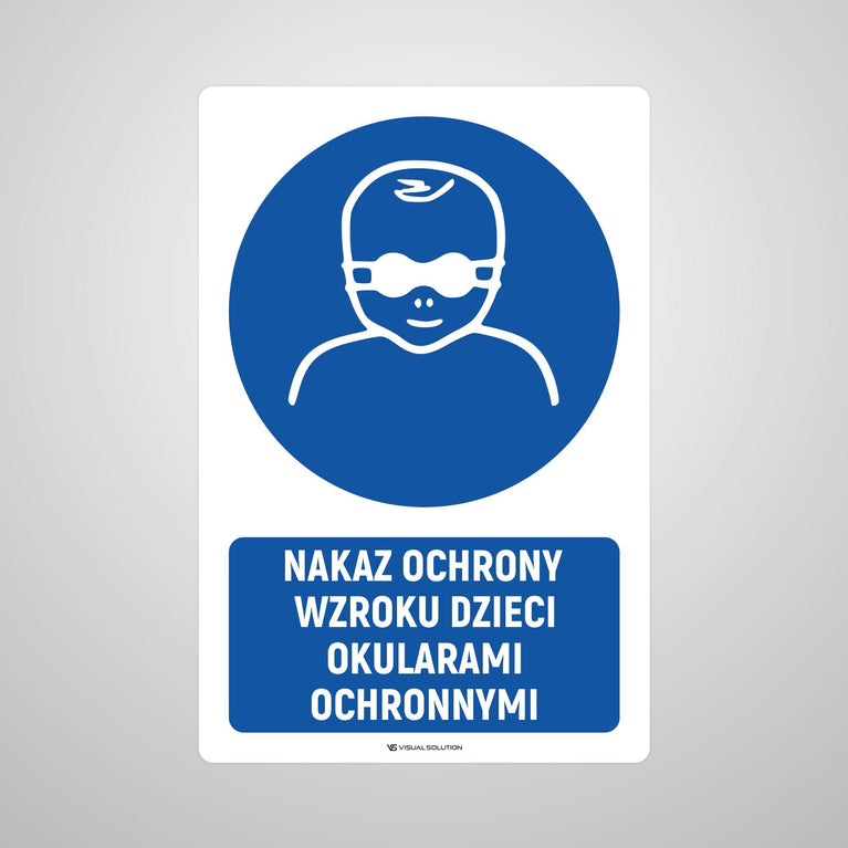 Naklejka podłogowa BHP: Nakaz ochrony wzroku dzieci z opisem.