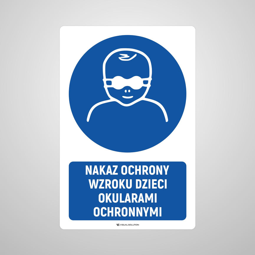 Naklejka podłogowa BHP: Nakaz ochrony wzroku dzieci z opisem.