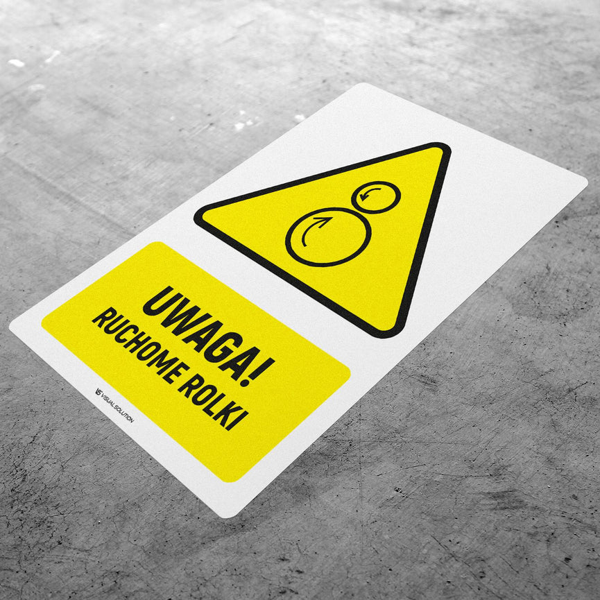 Naklejka Podłogowa BHP: ostrzegająca przed ruchomymi rolkami Z Opisem | GF062.