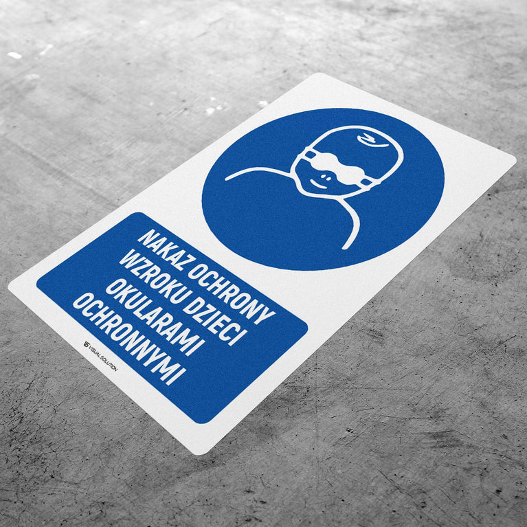 Naklejka podłogowa BHP: Nakaz ochrony wzroku dzieci z opisem.