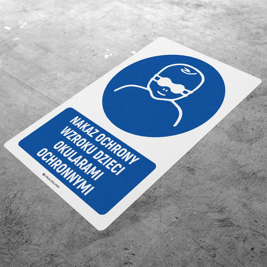 Naklejka podłogowa BHP: Nakaz ochrony wzroku dzieci z opisem.