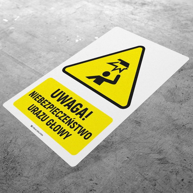 Naklejka Podłogowa BHP: ostrzegająca przed ryzykiem uderzenia w głowę Z Opisem | GDW020.