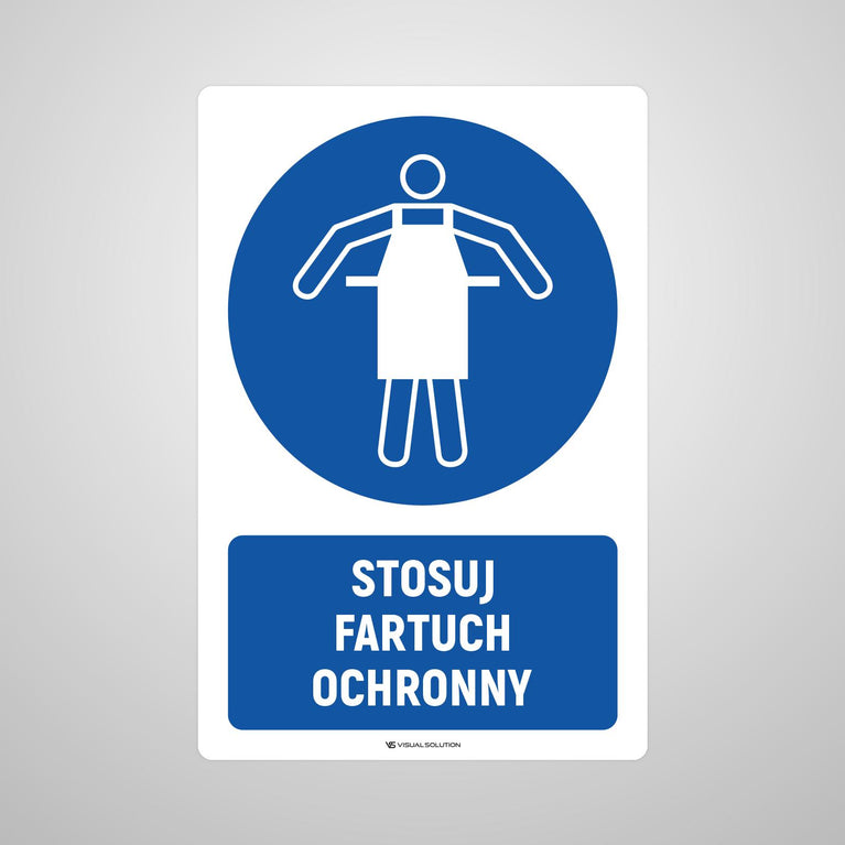 Naklejka podłogowa BHP: Nakaz stosowania fartucha ochronnego z opisem.