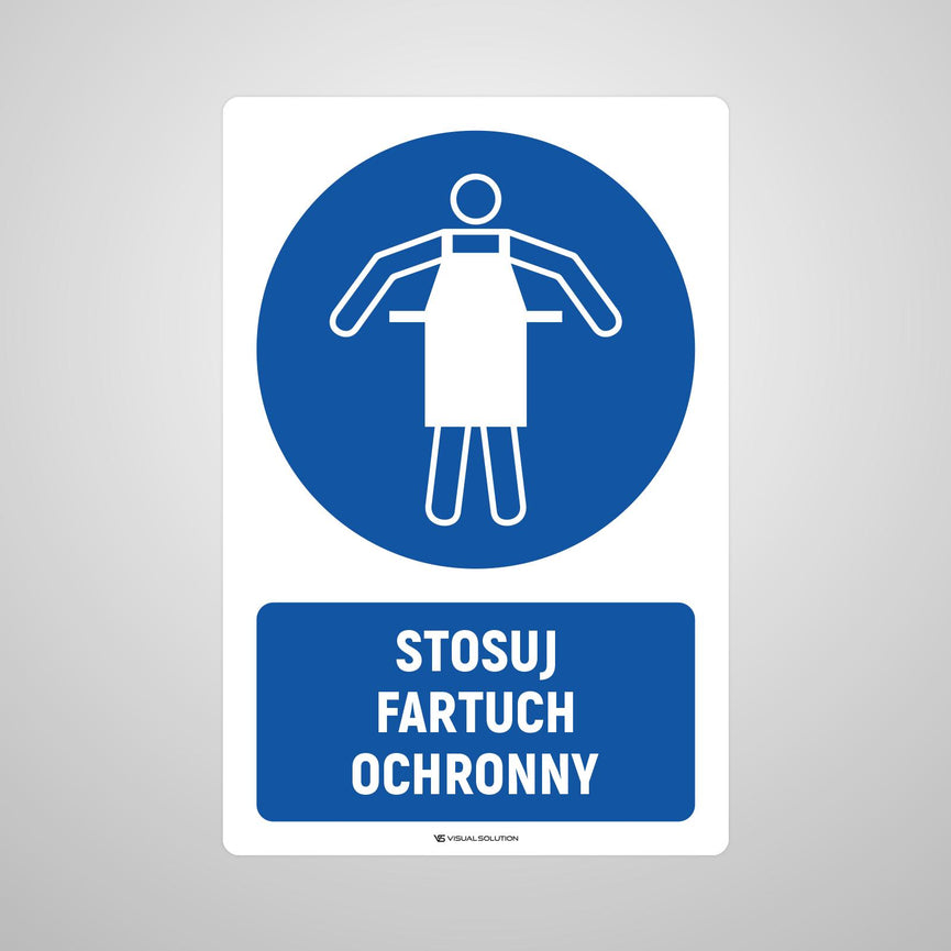 Naklejka podłogowa BHP: Nakaz stosowania fartucha ochronnego z opisem.
