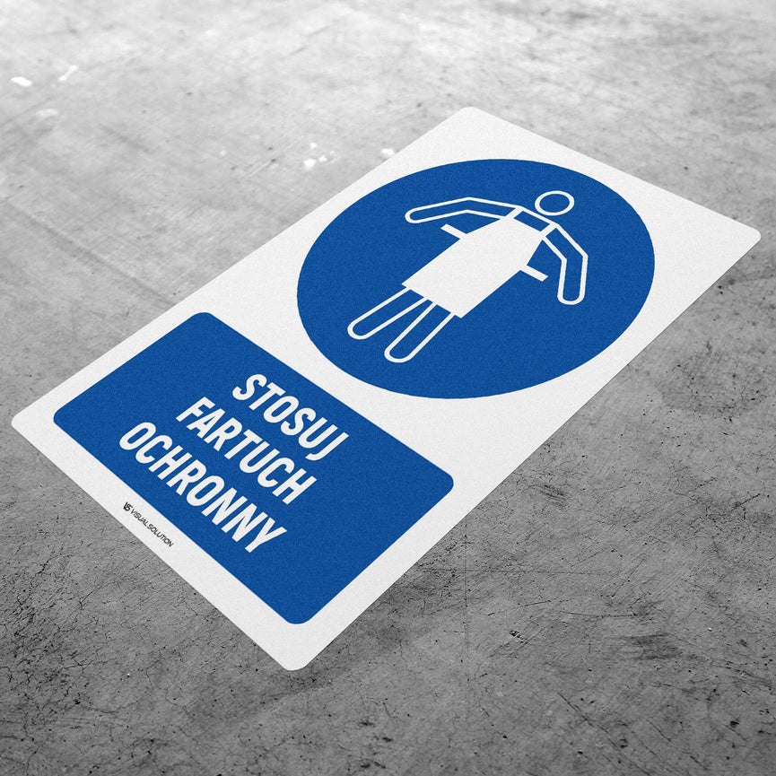 Naklejka podłogowa BHP: Nakaz stosowania fartucha ochronnego z opisem.