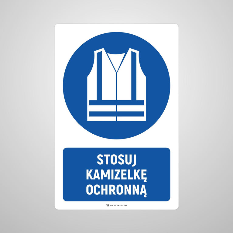 Naklejka podłogowa BHP: Nakaz stosowania kamizelki ochronnej z opisem.