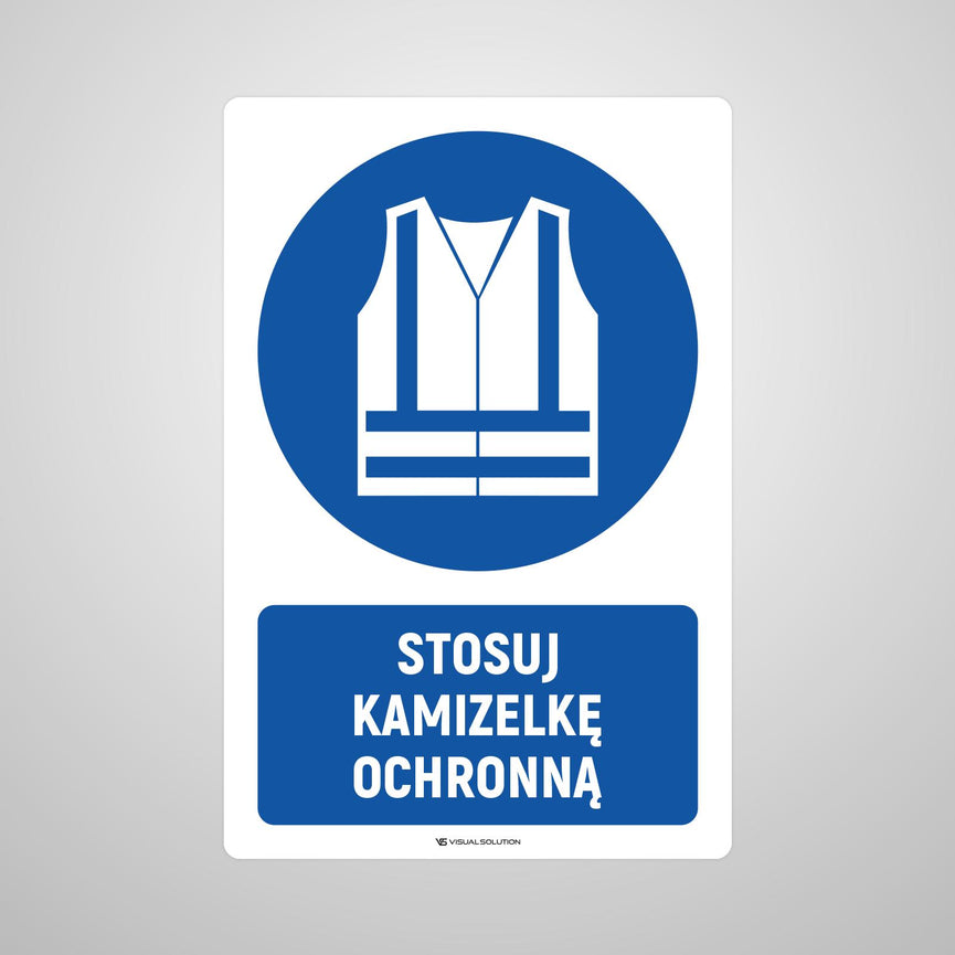 Naklejka podłogowa BHP: Nakaz stosowania kamizelki ochronnej z opisem.