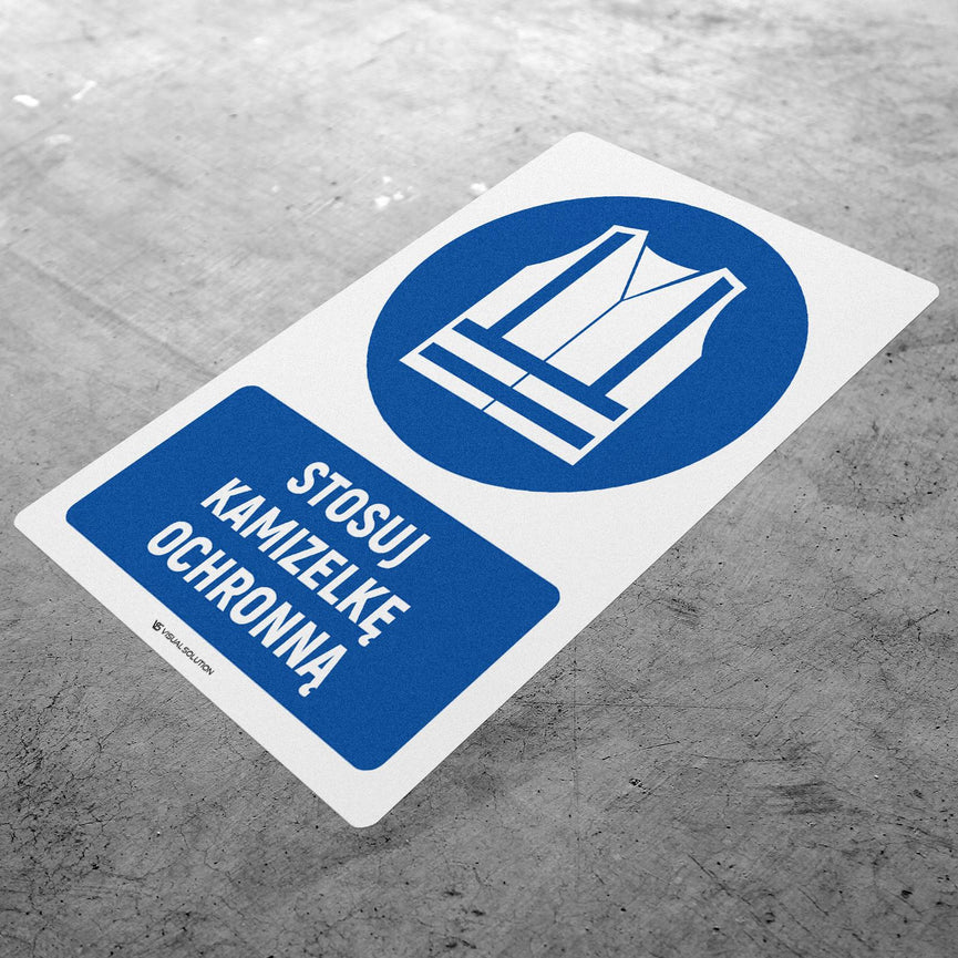 Naklejka podłogowa BHP: Nakaz stosowania kamizelki ochronnej z opisem.