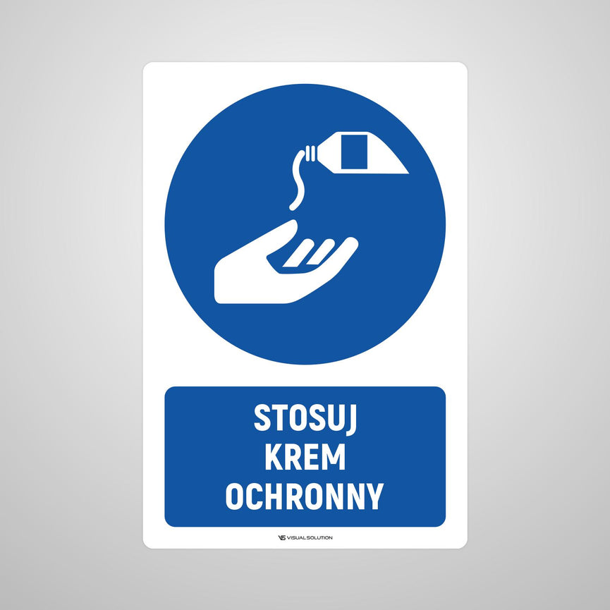 Naklejka podłogowa BHP: Nakaz stosowania kremu ochronnego z opisem.