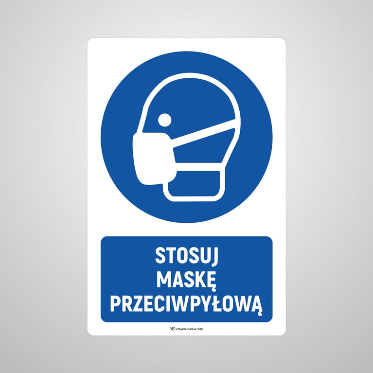 Naklejka podłogowa BHP: Nakaz stosowania maski przeciwpyłowej z opisem.