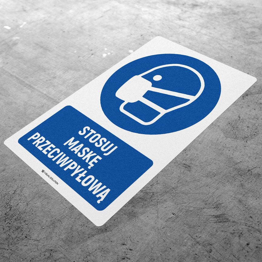 Naklejka podłogowa BHP: Nakaz stosowania maski przeciwpyłowej z opisem.