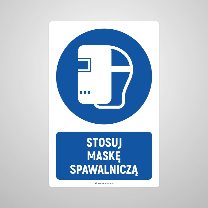 Naklejka podłogowa BHP: Nakaz stosowania maski spawalniczej z opisem.