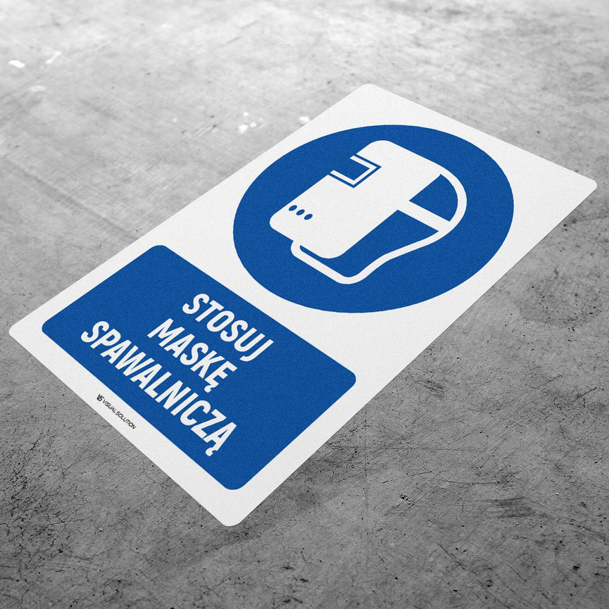 Naklejka podłogowa BHP: Nakaz stosowania maski spawalniczej z opisem.