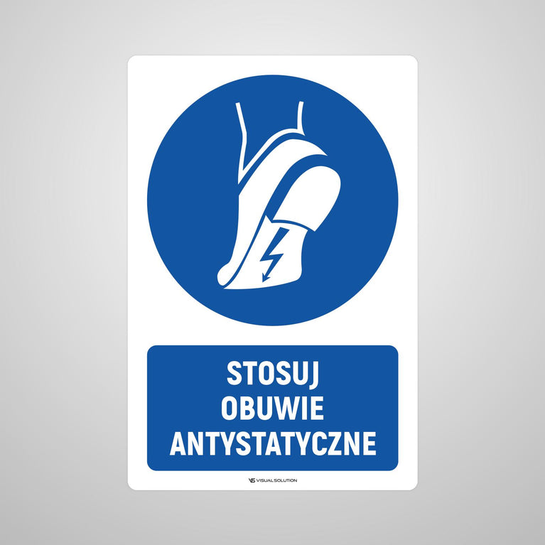 Naklejka podłogowa BHP: Nakaz stosowania obuwia antystatycznego z opisem.