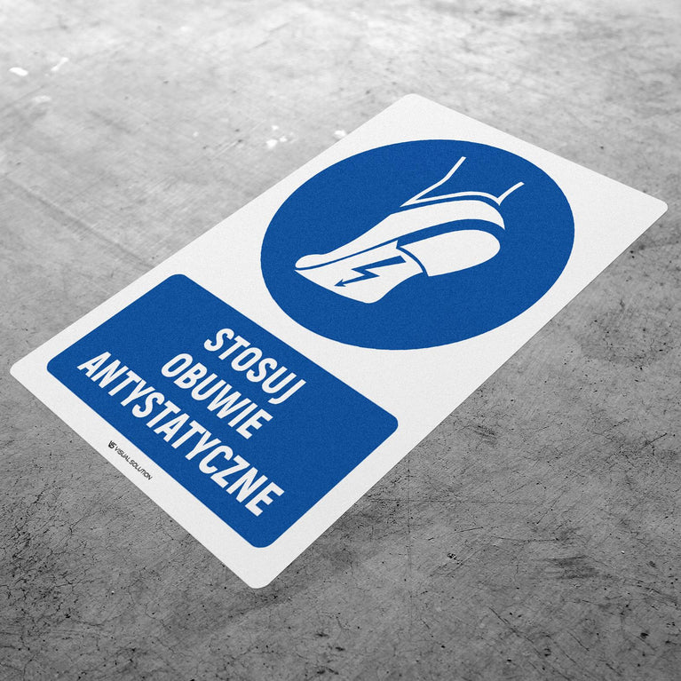 Naklejka podłogowa BHP: Nakaz stosowania obuwia antystatycznego z opisem.