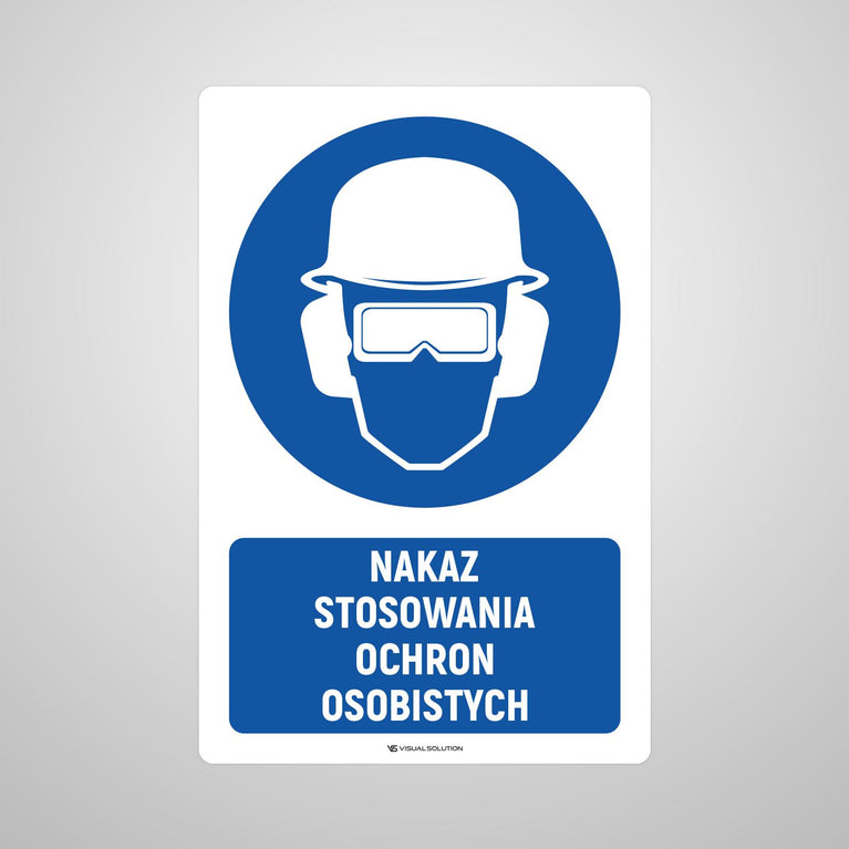 Naklejka podłogowa BHP: Nakaz stosowania ochrony osobistej z opisem.