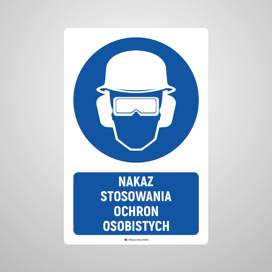 Naklejka podłogowa BHP: Nakaz stosowania ochrony osobistej z opisem.