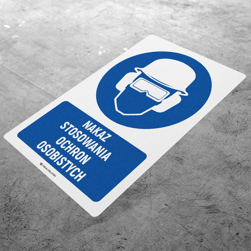 Naklejka podłogowa BHP: Nakaz stosowania ochrony osobistej z opisem.