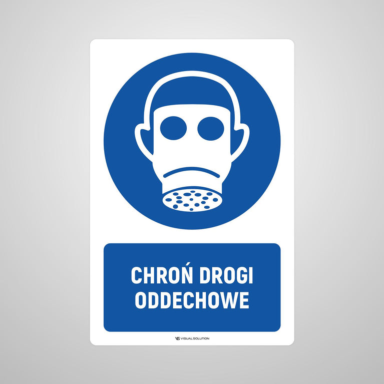 Naklejka podłogowa BHP: Nakaz ochrony dróg oddechowych z opisem.