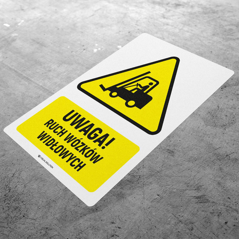 Naklejka Podłogowa BHP: ostrzegająca przed urządzeniami do transportu poziomego Z Opisem | GDW014.