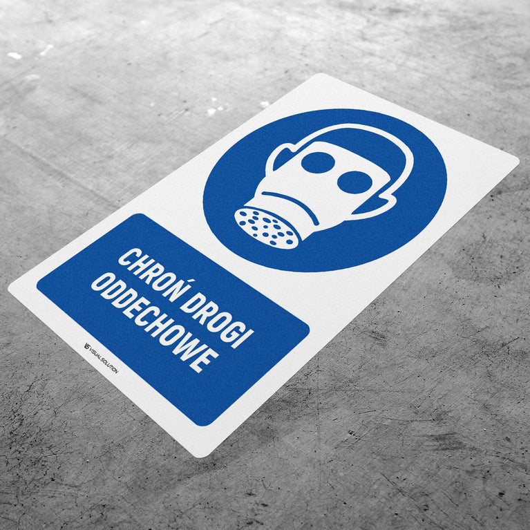 Naklejka podłogowa BHP: Nakaz ochrony dróg oddechowych z opisem.