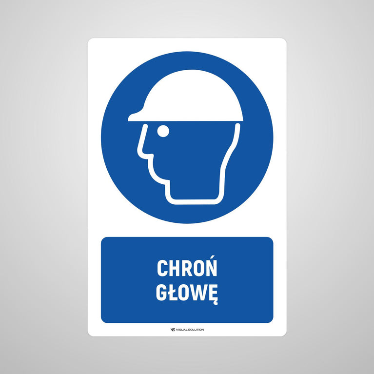 Naklejka podłogowa BHP: Nakaz ochrony głowy z opisem.
