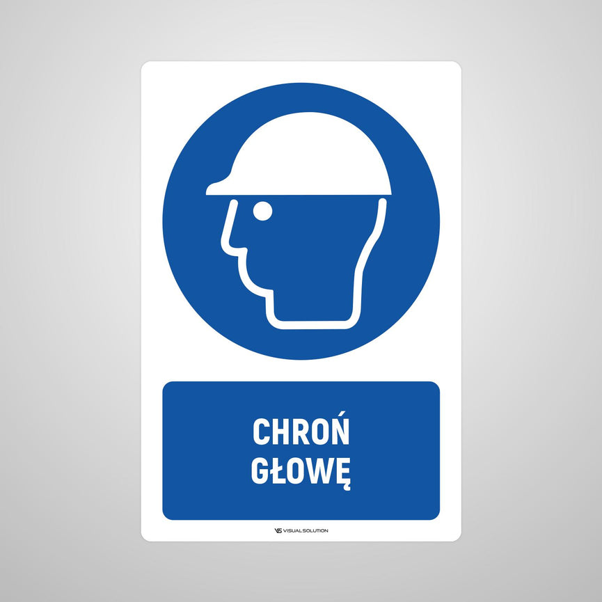 Naklejka podłogowa BHP: Nakaz ochrony głowy z opisem.