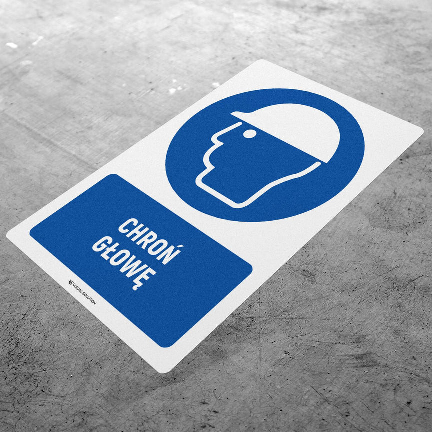 Naklejka podłogowa BHP: Nakaz ochrony głowy z opisem.