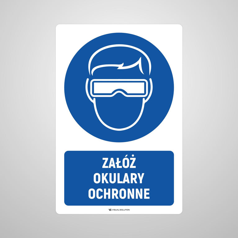 Naklejka podłogowa BHP: Nakaz noszenia okularów ochronnych z opisem.