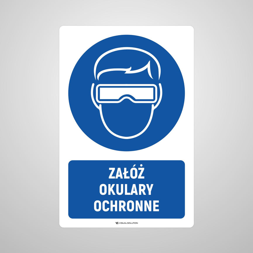 Naklejka podłogowa BHP: Nakaz noszenia okularów ochronnych z opisem.