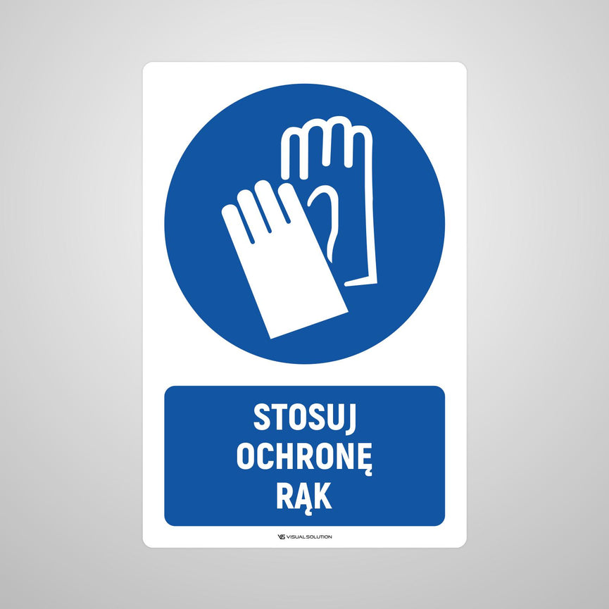 Naklejka podłogowa BHP: Nakaz stosowania ochrony dla rąk z opisem.