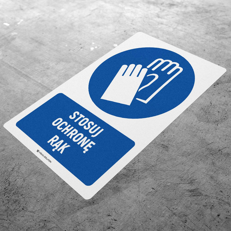 Naklejka podłogowa BHP: Nakaz stosowania ochrony dla rąk z opisem.