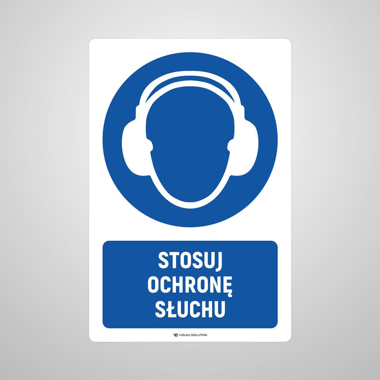 Naklejka podłogowa BHP: Nakaz stosowania ochrony słuchu z opisem.