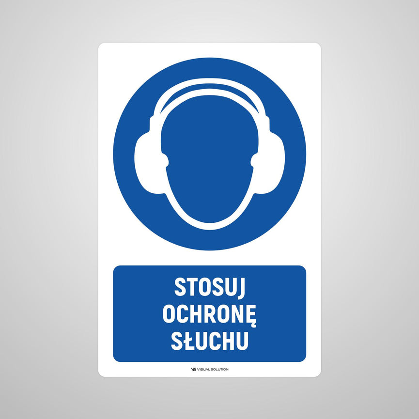 Naklejka podłogowa BHP: Nakaz stosowania ochrony słuchu z opisem.