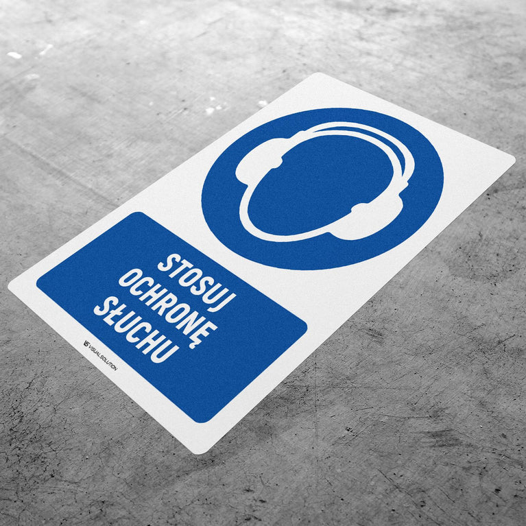 Naklejka podłogowa BHP: Nakaz stosowania ochrony słuchu z opisem.