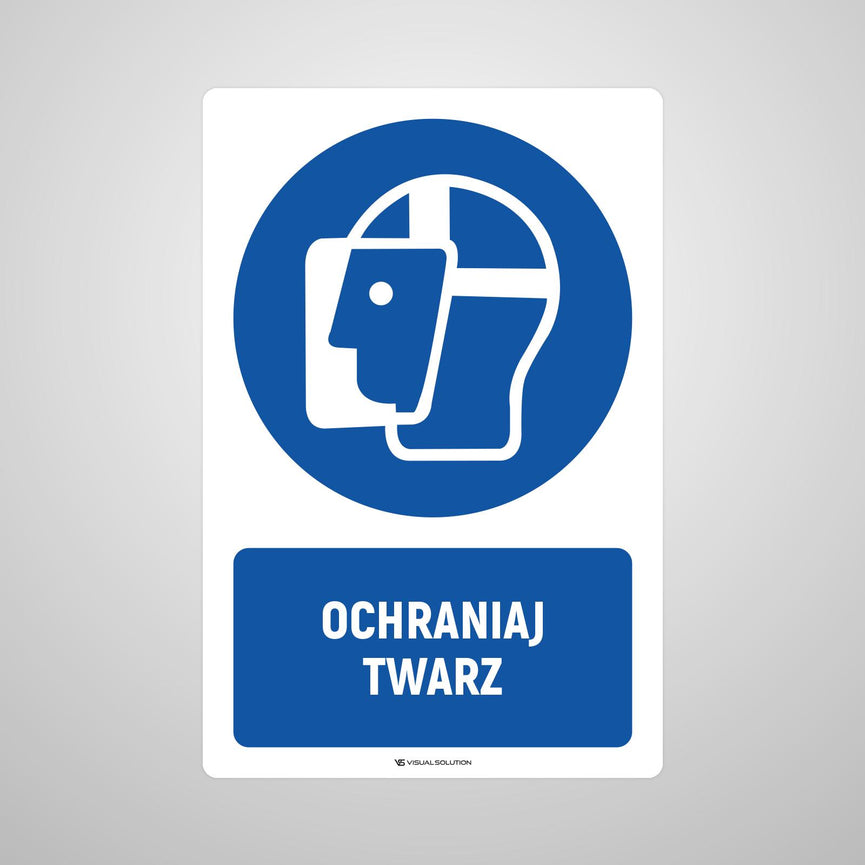 Naklejka podłogowa BHP: Nakaz ochrony twarzy z opisem.