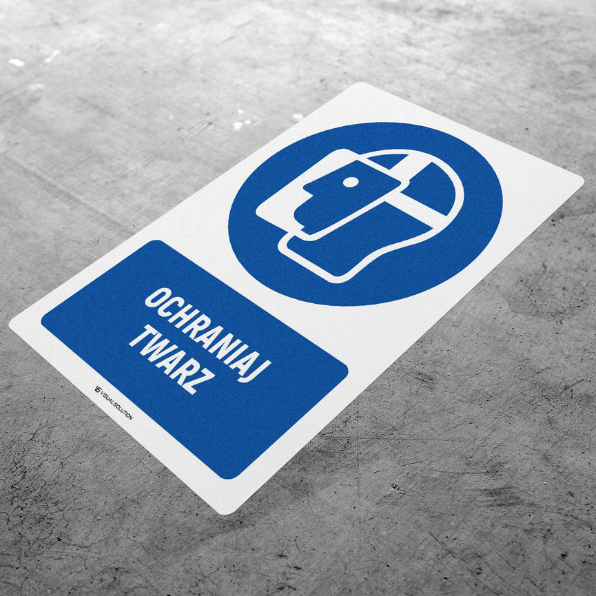 Naklejka podłogowa BHP: Nakaz ochrony twarzy z opisem.