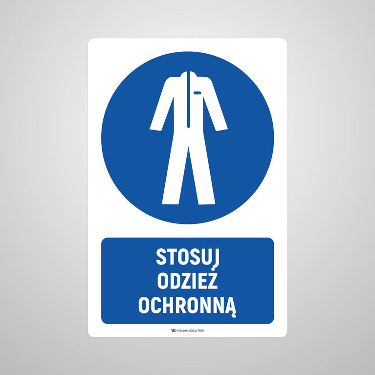 Naklejka podłogowa BHP: Nakaz stosowania odzieży ochronnej z opisem.