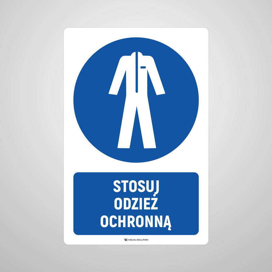 Naklejka podłogowa BHP: Nakaz stosowania odzieży ochronnej z opisem.